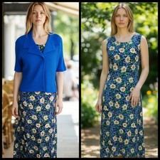 VTG Womens Maxi Dress Size 8 Floral Sundress Blue Collared Cardigan 2 Piece 90s