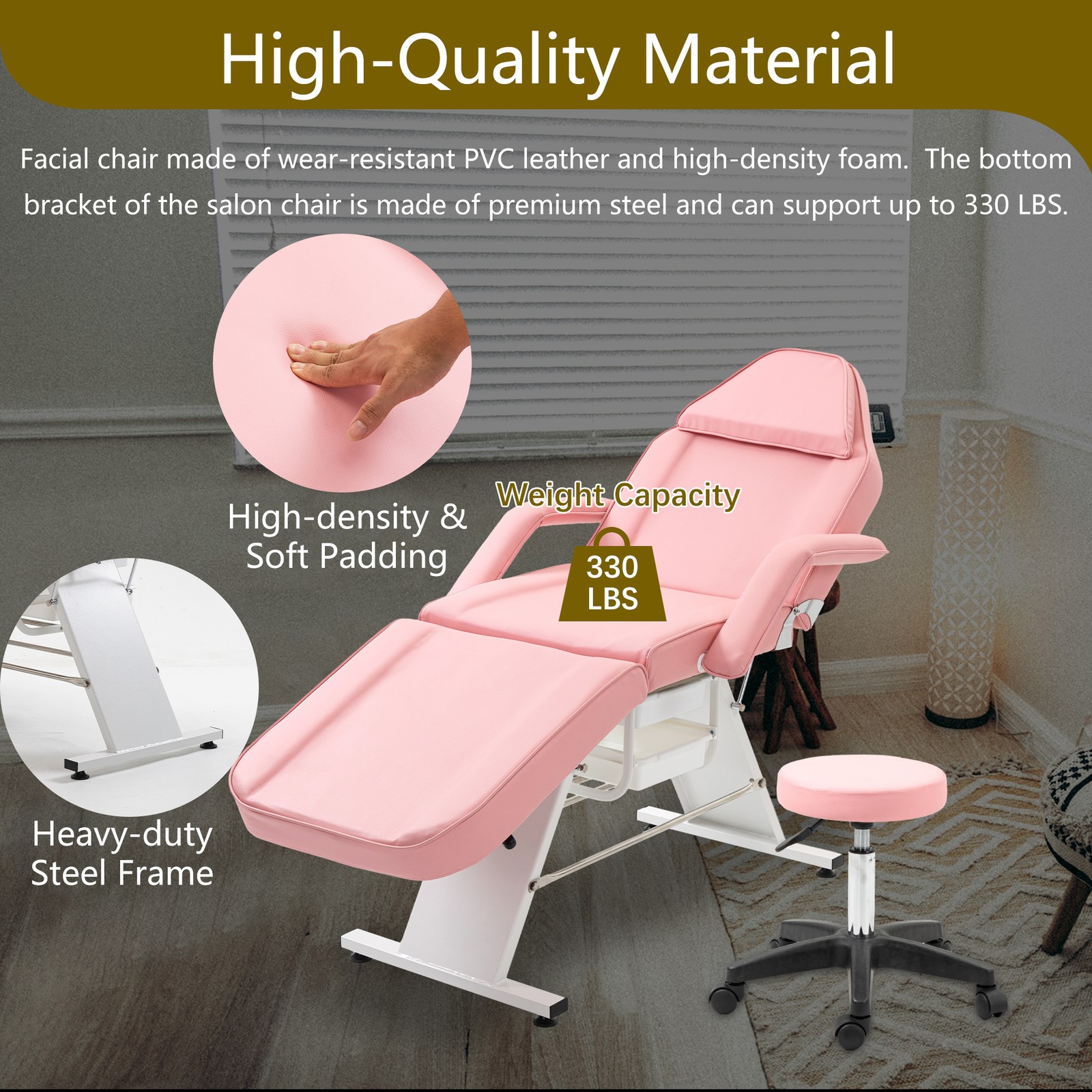 Adjustable Facial Bed Table Massage Chair Beauty Spa Tattoo Salon w/ Stool Pink