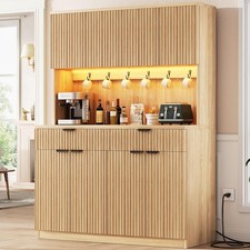 Fluted Kitchen Pantry Storage Cabinet with Charging Station/LED