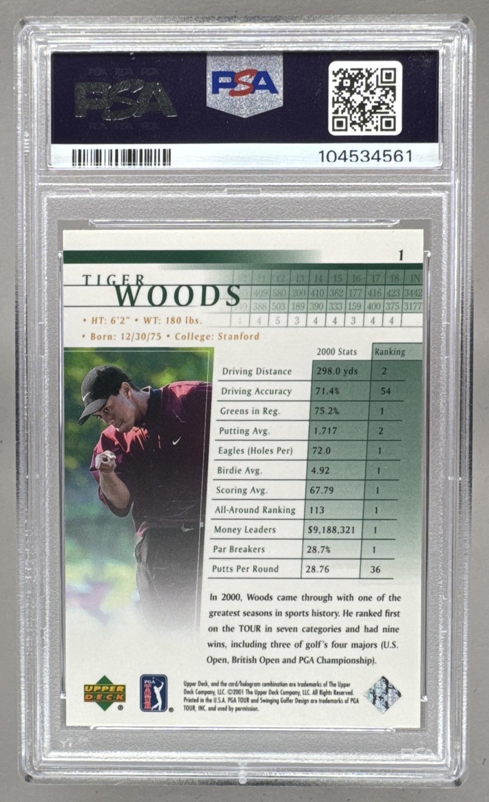 104534561 Tiger Woods 2001 Upper Deck #1 Rookie RC PSA 9 view 2