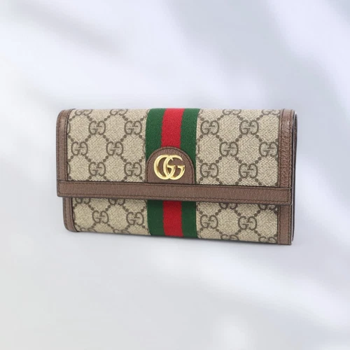 Portefeuille Gucci Ophidia GG Supreme Continental beige vert ébène rouge bande Web