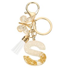 Initial Letter Keychains, Resin Cute Pendant with Butterfly  Tassel, White-S