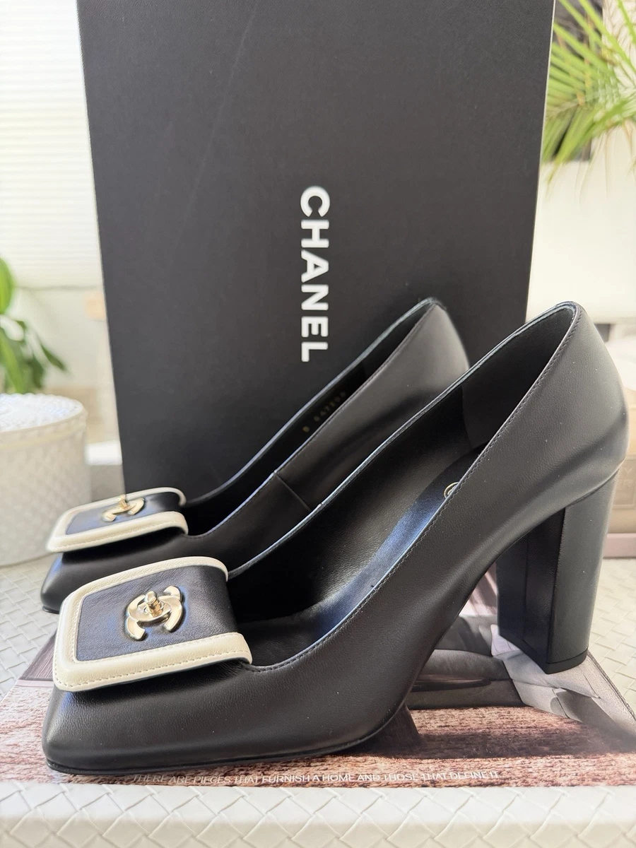 CHANEL Block High (3-3.9 in) Heel Height Leather Upper Heels for