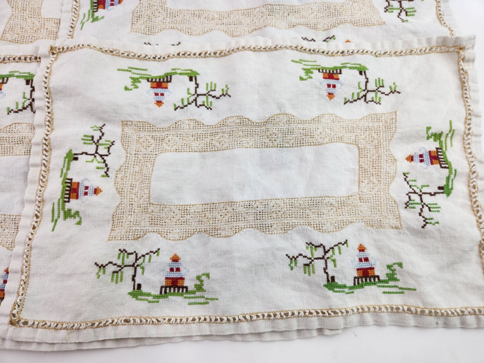 8 Vintage Hand Embroidered Linen Placemats Japanese Shrine Pagodas