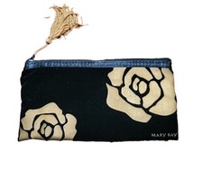 Mary Kay Vintage Black Velvet Make Up Bag Zipper W Gold Rose/Tassle