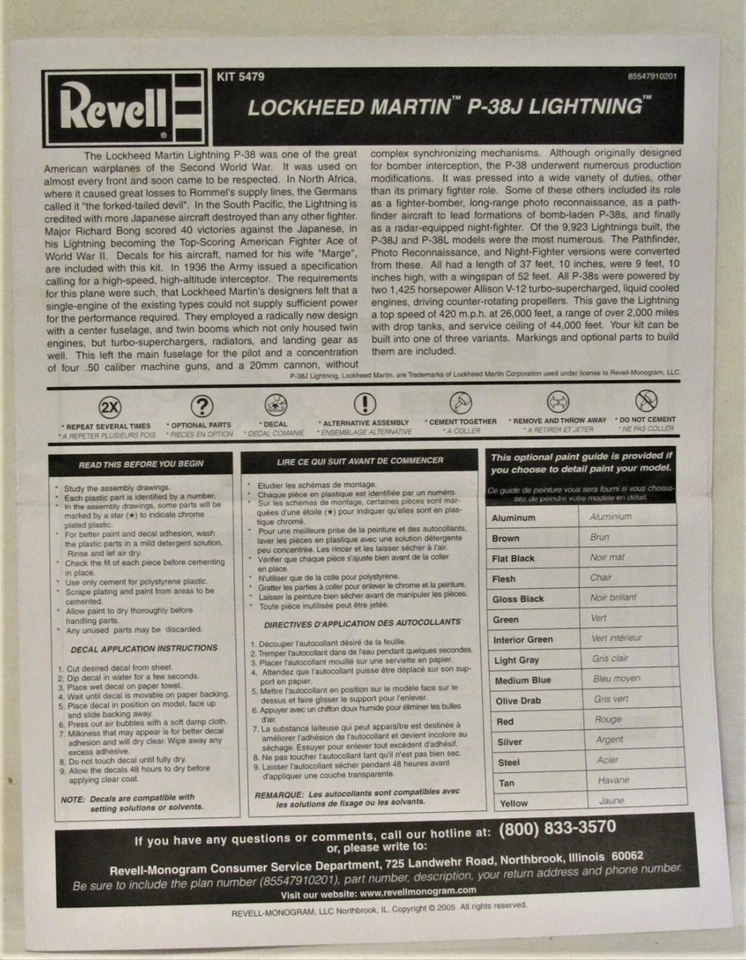 Calcomanías Revell #5479 Lockheed Martin P-38J Lightning - Nuevas Foto 2 de 2