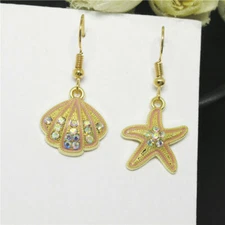 Cute New Yellow Gold Pink Enamel & Crystal Starfish Shell Hook Dangle Earrings