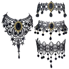 4pcs Women Gothic Retro Black Lace Wide Choker Victorian Vintage Collar Necklace