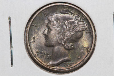 1937-S Mercury Winged Liberty 90% Silver Dime Nice Toning MS (WMD977X)