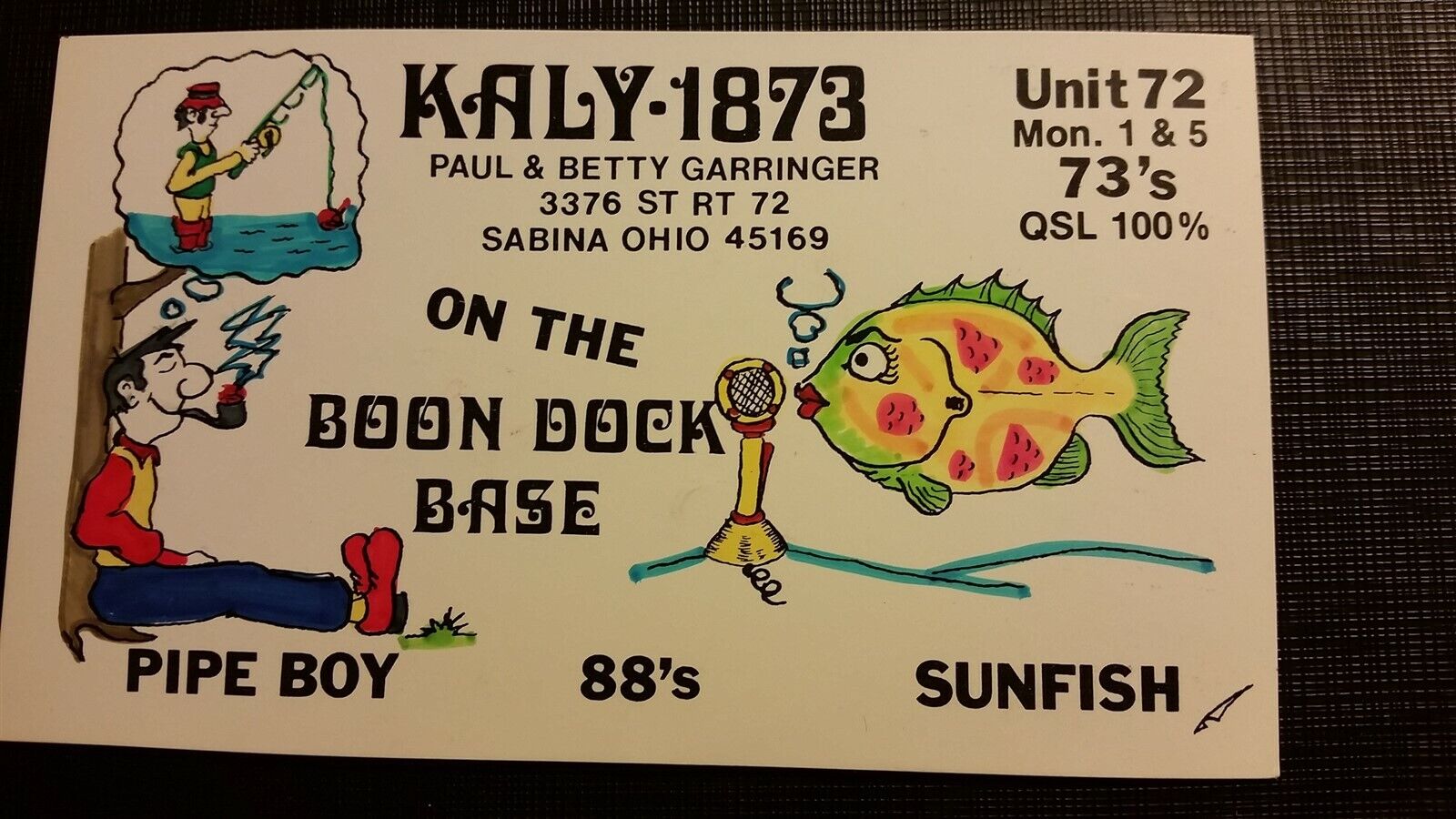 CB radio QSL postcard KALY-1873 fishing Paul Betty Garringer 1970s Sabina Ohio
