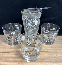 Federal Glass Cocktail Recipe Shaker White Clear Cocktail Glasses MCM Vintage