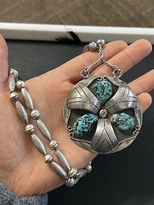STERLING SILVER NATIVE AMERICAN NAVAJO TURQUOISE BEAD NECKLACE- 86.3g