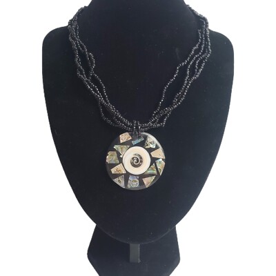 Inlaid ABALONE Pendant Necklace SPIRAL Sun  Seed Beads Shell Large Round Black 