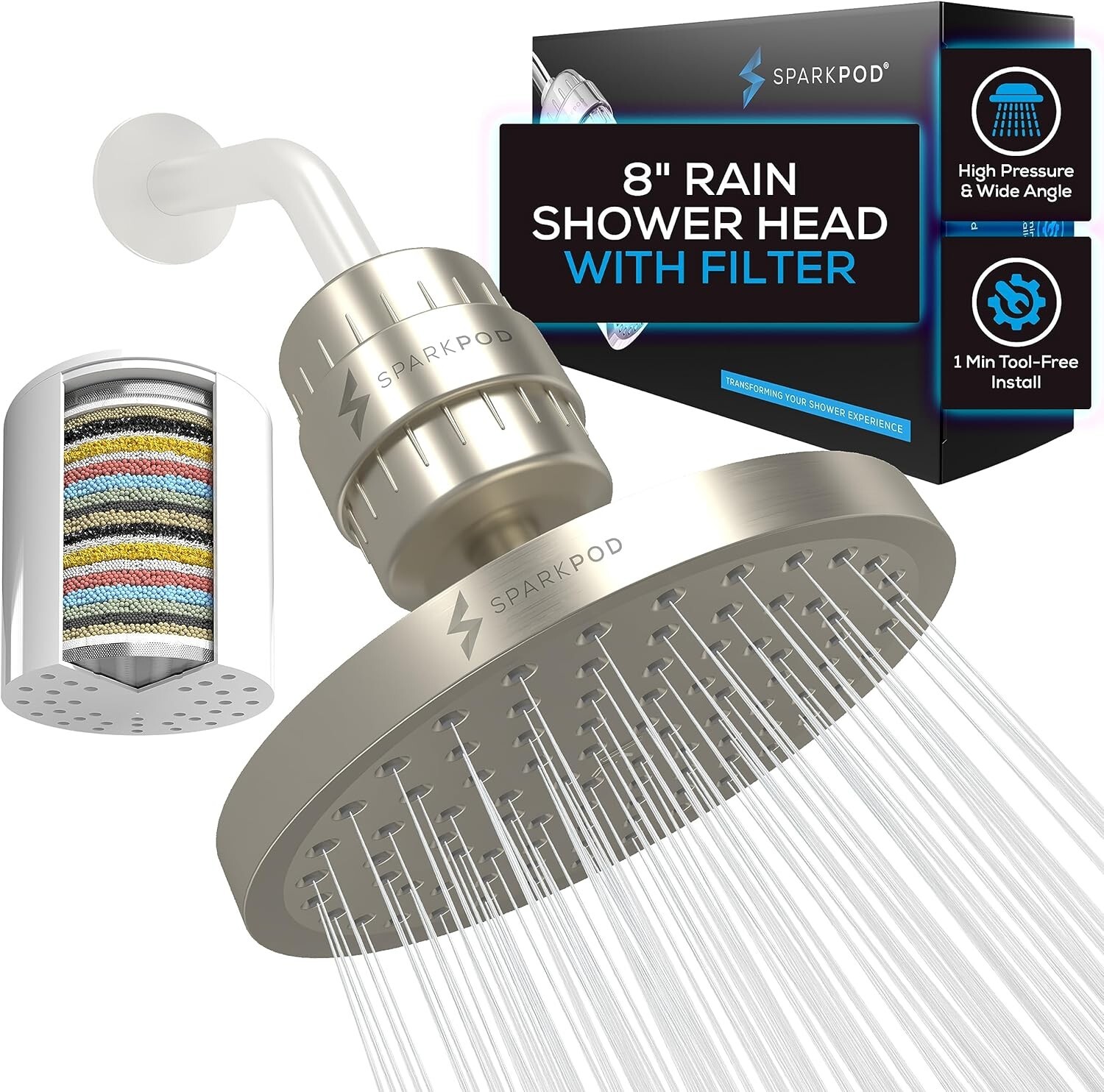 23-Stage Shower Filter Head Set - Elegant Brushed Nickel, 8-Inch Round Design