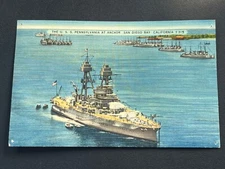 USS PENNSYLVANIA SAN DIEGO BAY ANCHOR LINEN POSTCARD