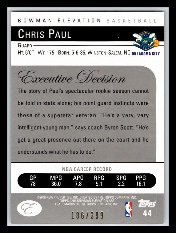 2006-07 Bowman Elevation Blue #44 Chris Paul 186/399 !! - Image 2 of 2
