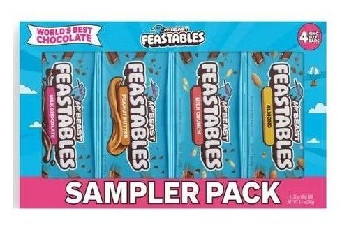 Mr. Beast Feastables Sampler Pack 4 King Size Chocolate Candy Bars Crunch Almond