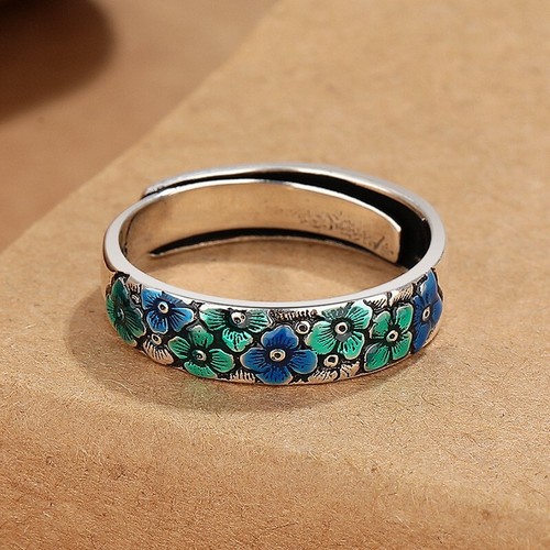Handmade Blue Enamel Flower Ring Adjustable Blooming Flower Ring - Picture 4 of 4