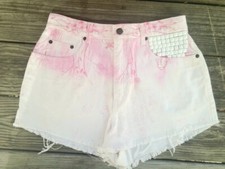 Vintage High Waisted Jean Shorts Studded Denim Festival Pink White Ombre Womens