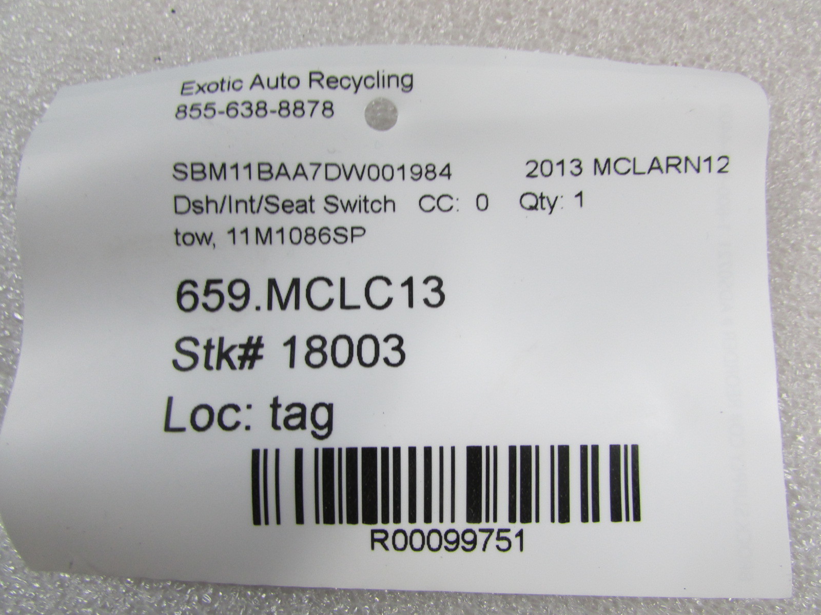 Mclaren MP4-12C, Tow Mode Switch Pack, Used, P/N 11M1086SP