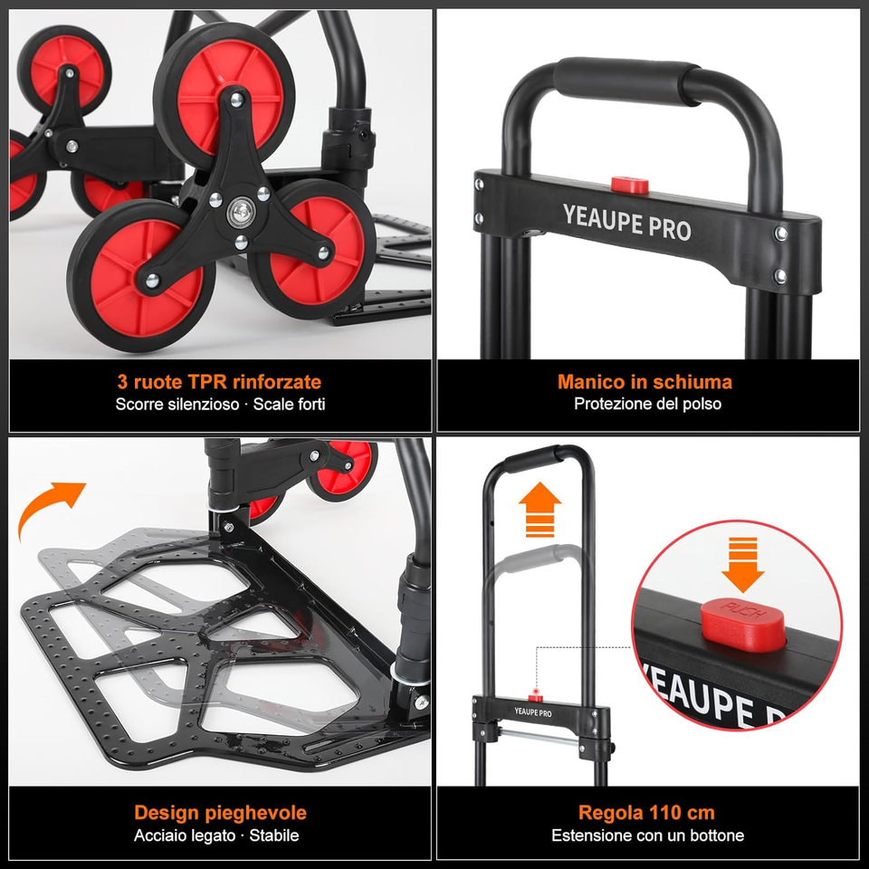 Carrello Portasacchi Tre Ruote Per Scale - Capacità 300 Kg - Dimensioni 132x57x52 Cm - Peso 15 Kg
