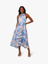 Adrianna Papell Blush Pink Blue Floral Print Organza Midi Dress Size 6 $249