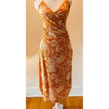 NWT Joie Orange Rust Tan Floral Ruched Strappy V Neck Midi Slip Dress XS Xsmall