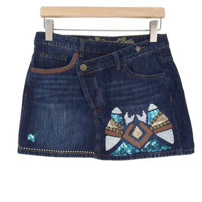 Desigual Mini Jeansrock Mit Paillettenbesatz Wickeloptik Yh0 Größe 38 - Bild 1 von 4