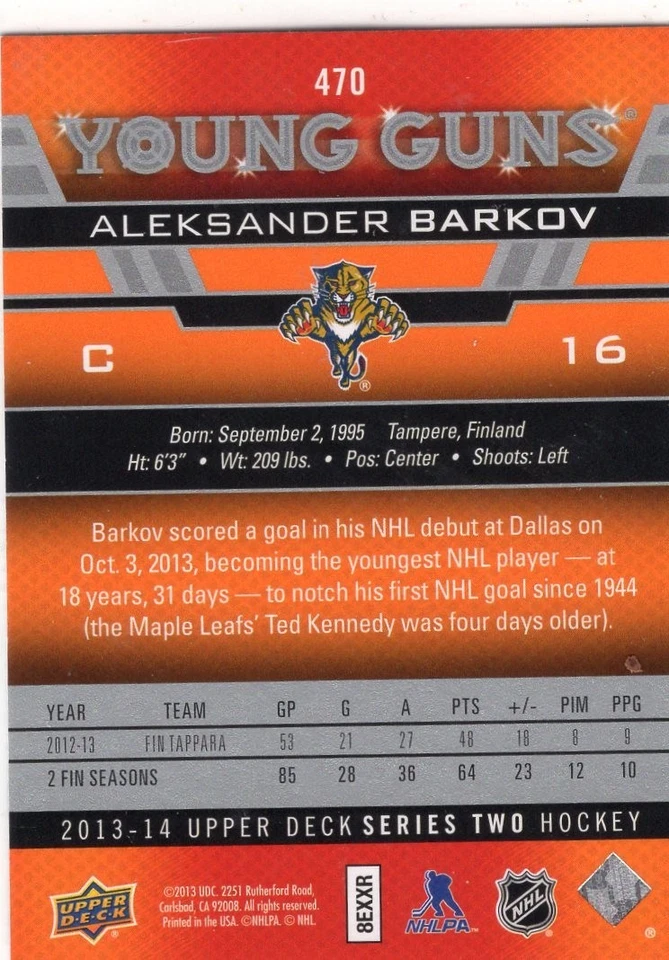 2013-14 Upper Deck #470 Aleksander Barkov YG RC - Image 2 of 2