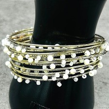 Vintage Gold-Tone Wire Bangle Bracelet White Bead Accents Boho Stacking Style