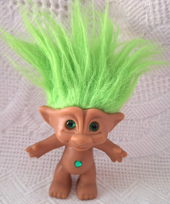 Vintage Ace Novelty Treasure Troll Doll Green Hair Eyes Heart Belly Gem Lucky