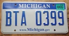 2008 MICHIGAN LICENSE PLATE BTA 0399