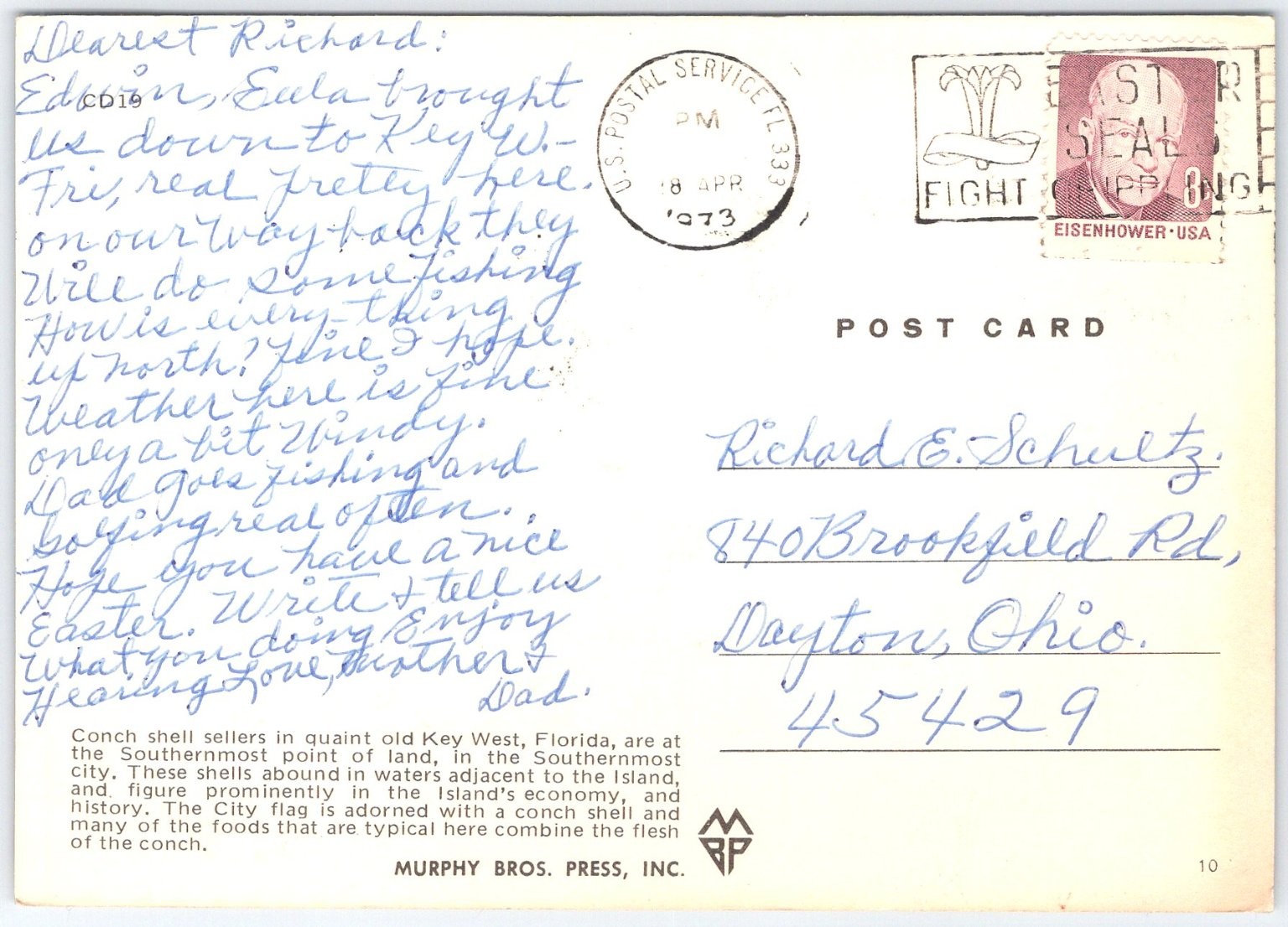 Vintage 1973 Key West Southernmost Point Conch Shells Postcard