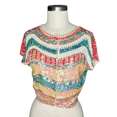 SEAN COMBS Sequined Multi Colorful Cropped Beaded Sequin Cardigan Sweater Medium