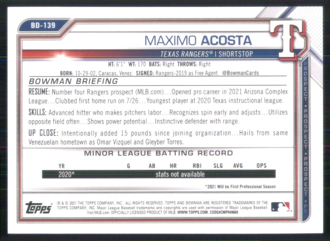 2021 Bowman Draft #BD-139 Maximo Acosta Texas Rangers 50536 | eBay