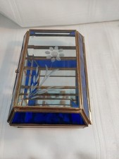 Vintage Blue And Clear Etched Glass With Brass Trim Jewelry/Trinket Box U27 