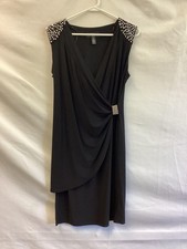 R&M Richards Dress Womens 10 Petite Black Sleeveless Wrap Rhinestone Knee Length