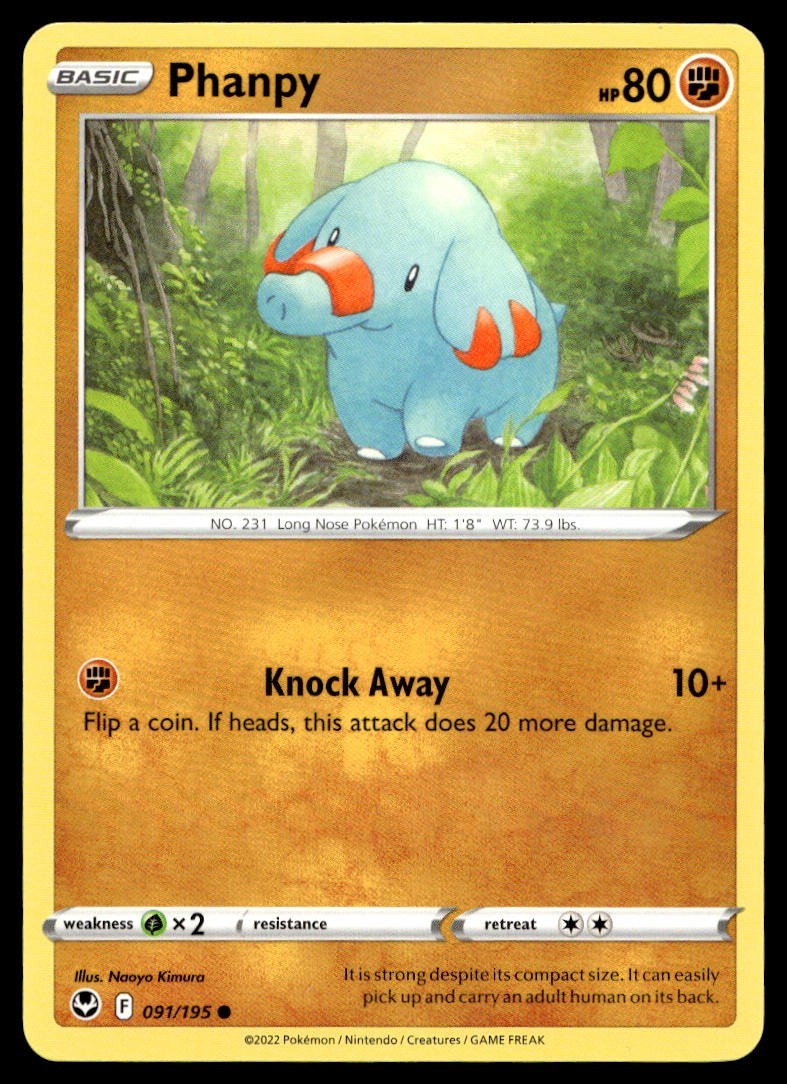 Phanpy 91/195 Pokemon Card Silver Tempest Common 80 HP Near Mint KV