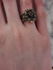 Estate Art Noveau Garnet Turquoise Gold Ring Sz 7 SCROLLWORK Intricate Filigre