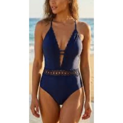 Becca by Rebecca Virtue Navy Blue Color Code Crochet One Piece Swimsuit M