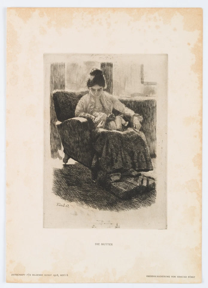 E. FÜRST (1874-1955), Interieurszene mit Mutter und Kind,  1908, Radierung - Bild 2 von 4