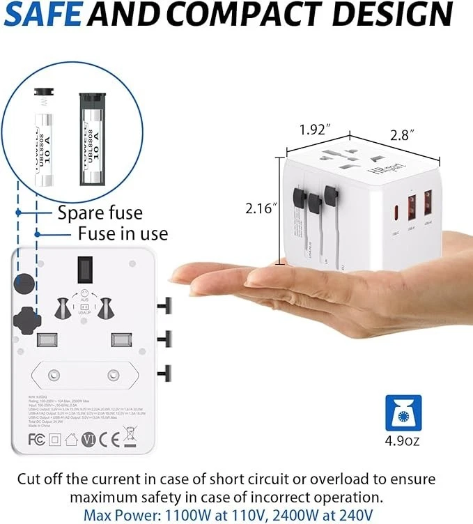 Adaptador de Viaje Universal Enchufe Mundial USB-C + 2 USB-A Cargador Rápido 18W/20W Foto 2 de 4