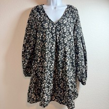 Loveriche Black Daisy Floral Balloon Sleeve Mini Babydoll Dress Womens S