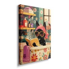 Funny Bathroom Cat Wall Art, Framed Cute Black Cat Bathroom 16"L x 12"W