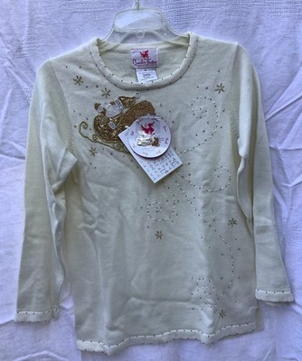 Quacker Factory Ivory Gold Beaded Christmas Santa Sleigh Sweater Sz XS