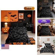 Castle Fairy Halloween Themed Full Size Comforter Set,Black Bats Animal Print