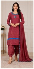 Women’s 3 Piece Pakistani Indian Kurta Pants Dupatta Maroon Blue Embellished A9