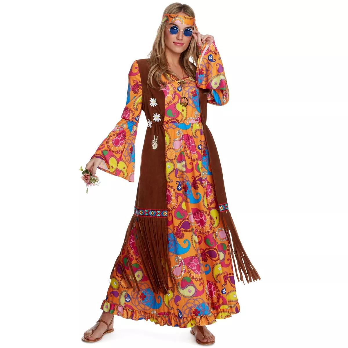 Womens 1960s Hippie Costume S XXL Ladies Hippy Fancy Dress