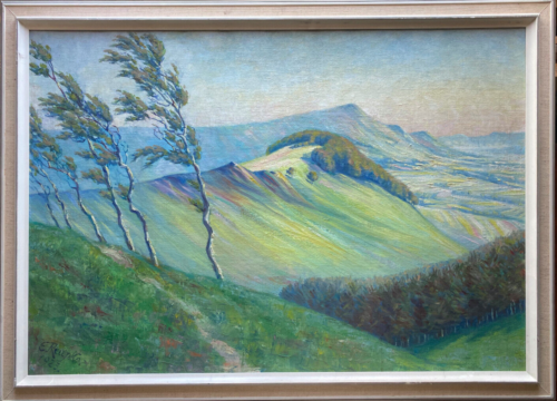 Oil painting signed E. Reupke 1923 strong winds in spring over mountain panorama
