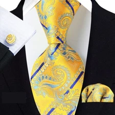 Classic Paisley Yellow Blue Jacquard Silk Men's Tie Necktie Hanky Cufflink Set